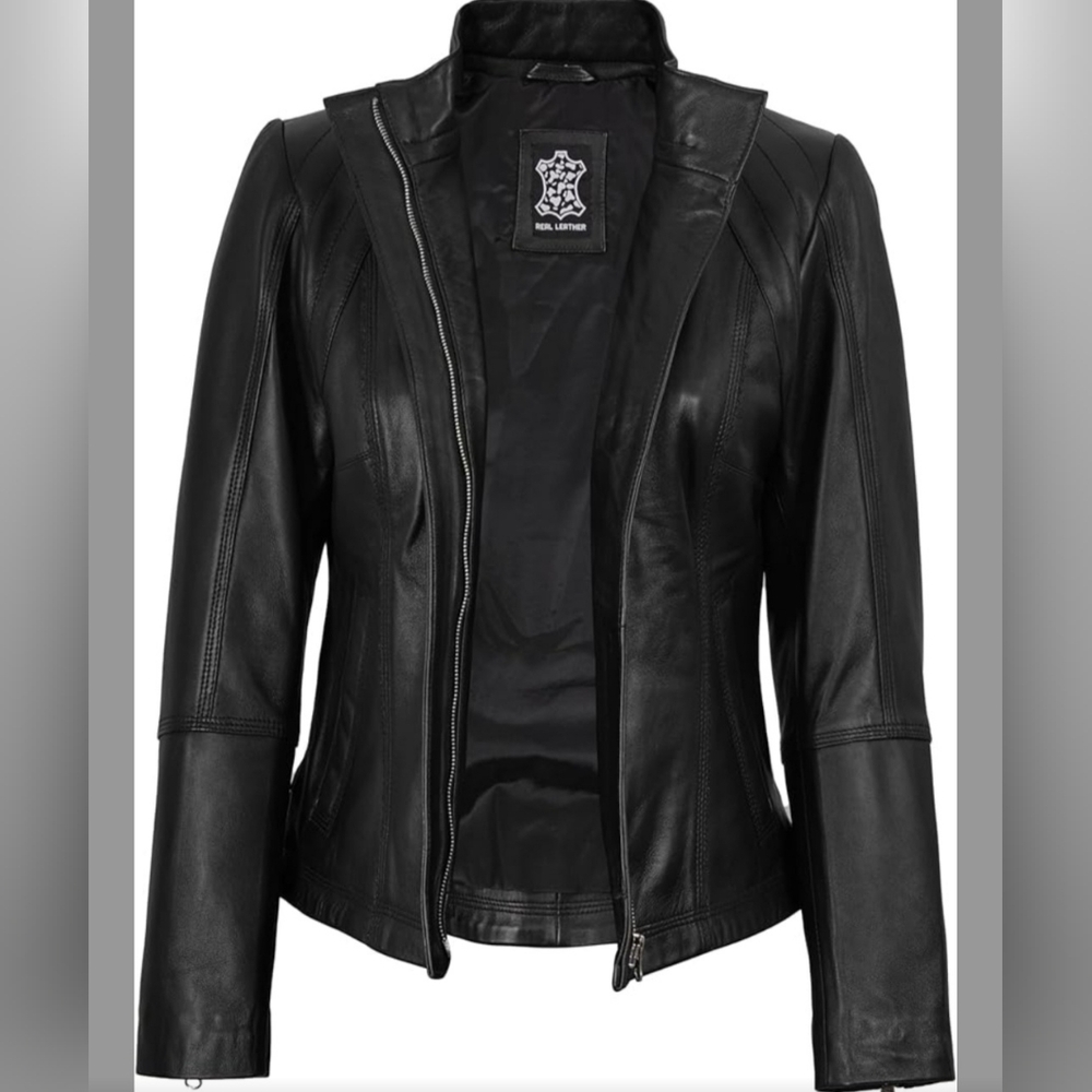 Womens Black Leather Biker Jacket Size XL Lambskin Leather Fits Size 14